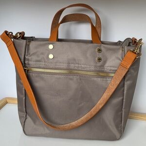 Boulevard Joey Nylon Tote Bag Taupe with Cognac Leather Trim Gold Hardware
